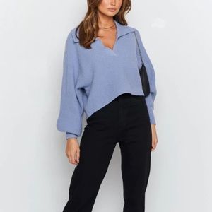 Beginning Boutique - News Alert Collared Crop Sweater in Blue.